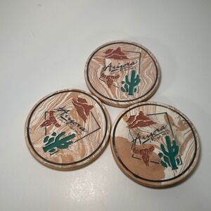 Vintage Arizona Souvenir Stone Coasters Set of 3 Cactus Steer Skull Cork Back